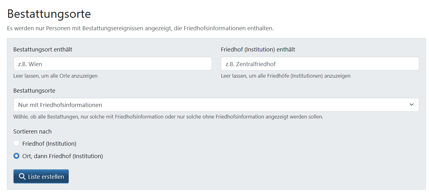 Bestattungsorte Modul - Übersicht